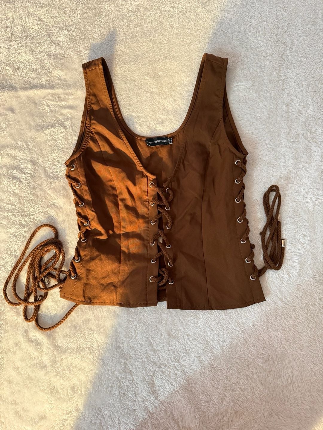 PrettyLittleThing Lace-Up Front Corset Tank Top Size US 6 Brown 2