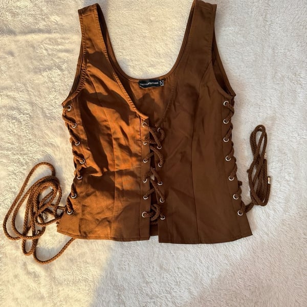 PrettyLittleThing Lace-Up Front Corset Tank Top Size US 6 Brown