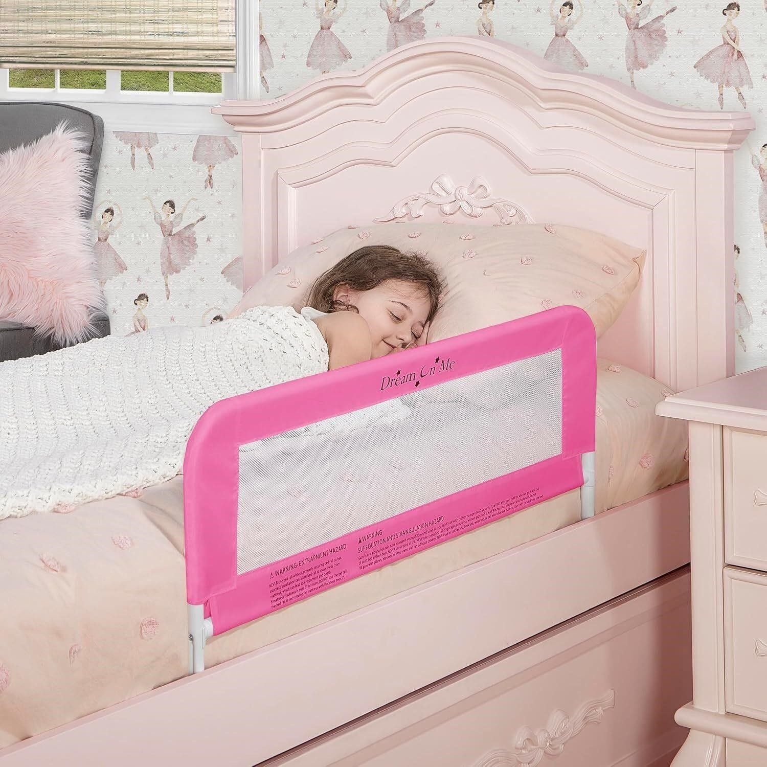 Dream On Me Mesh Toddler Bed Rail Safety Guard Pink White 1