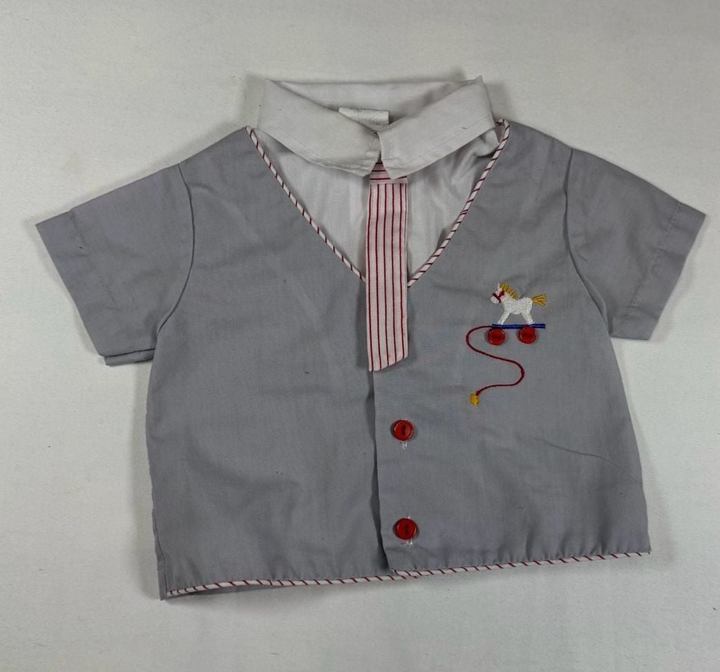Vintage Baby Boy Short Sleeve Shirt Grey Horse Applique 2