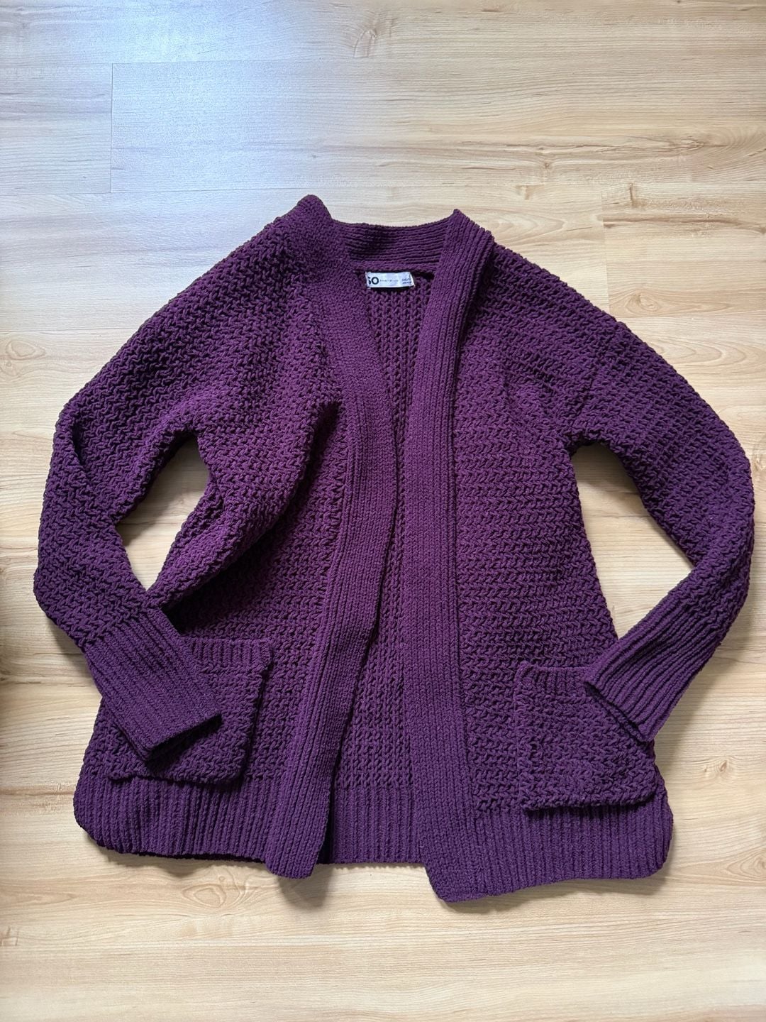SO Sweater Cardigan Size S Purple Burgundy Open Front Knit Pocket 2