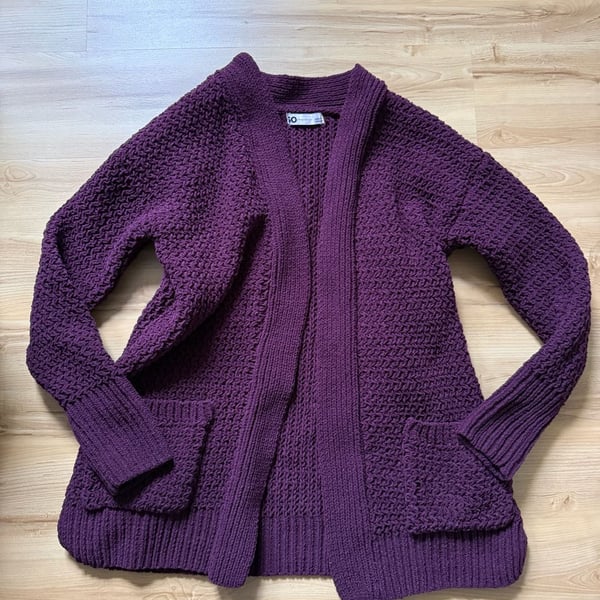 SO Sweater Cardigan Size S Purple Burgundy Open Front Knit Pocket