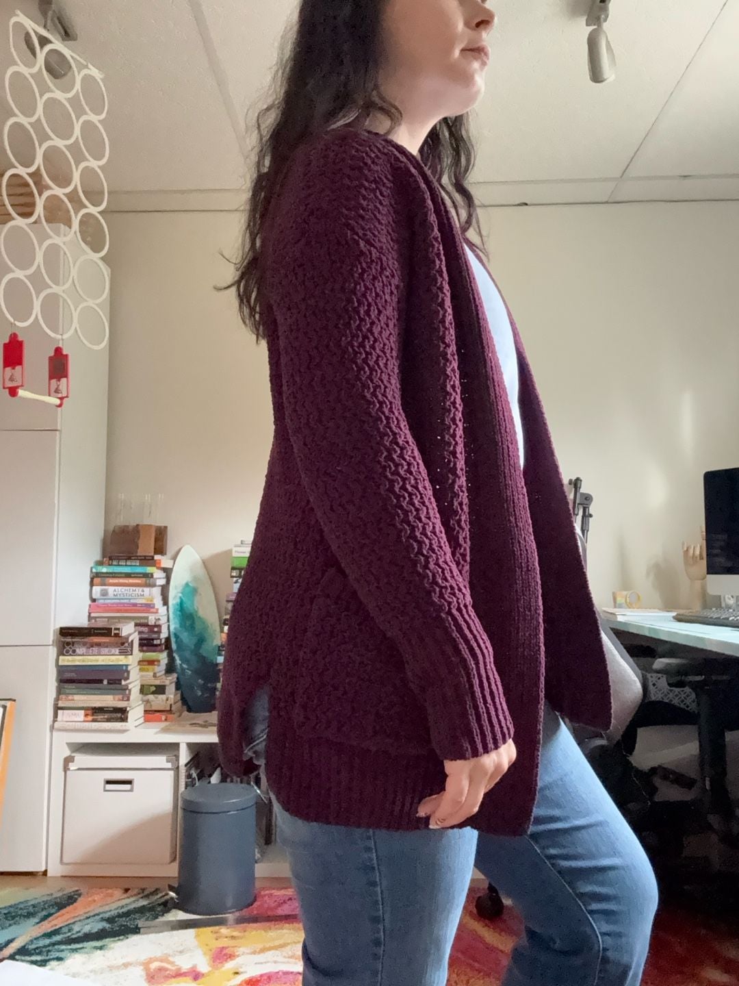 SO Sweater Cardigan Size S Purple Burgundy Open Front Knit Pocket 6