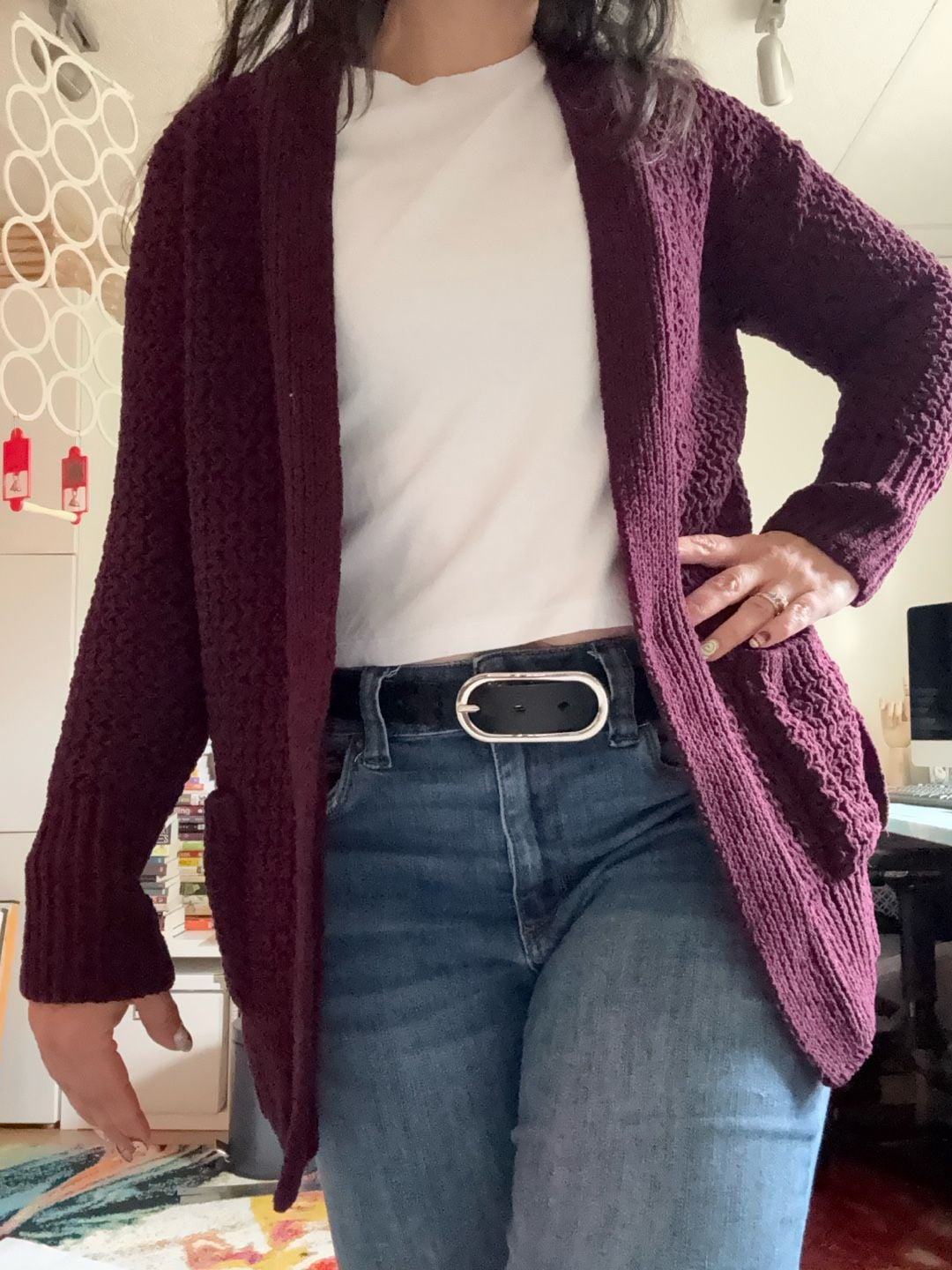 SO Sweater Cardigan Size S Purple Burgundy Open Front Knit Pocket 7