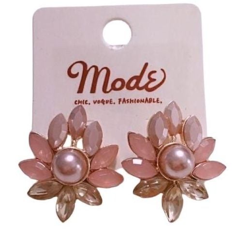 Gem Cluster Flower Post Earrings- Dusty Rose & Pink Pearl 3