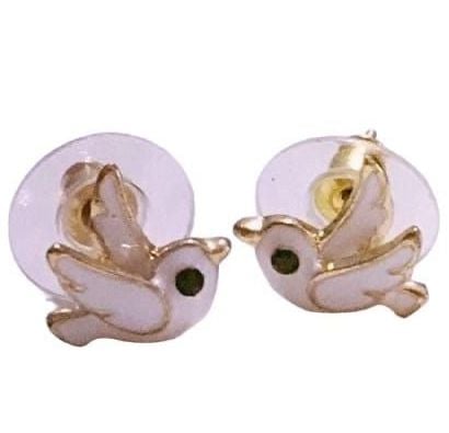 Gold Tone Bird Post Earrings- White 2