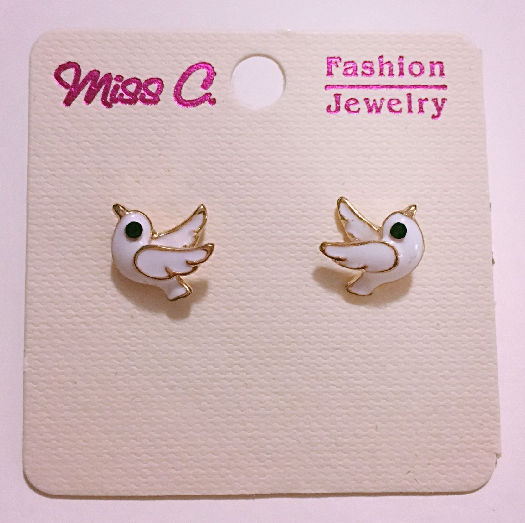 Gold Tone Bird Post Earrings- White 4