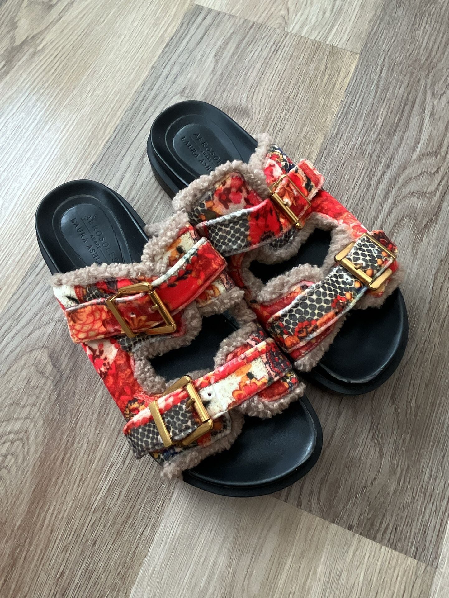 Aerosoles Laura Ashley Olivia Sherpa Slide Sandals Red Multi Size 8 2
