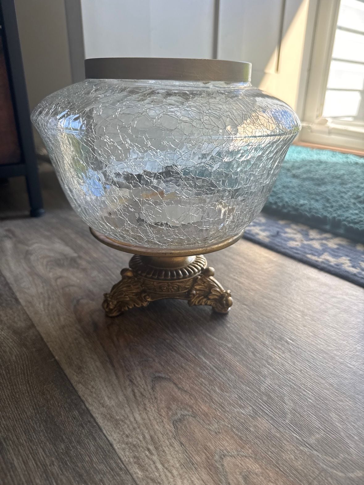 Vintage Hollywood Regency Crackle Glass Pedestal Bowl –Gold Footed Centerpiece
1