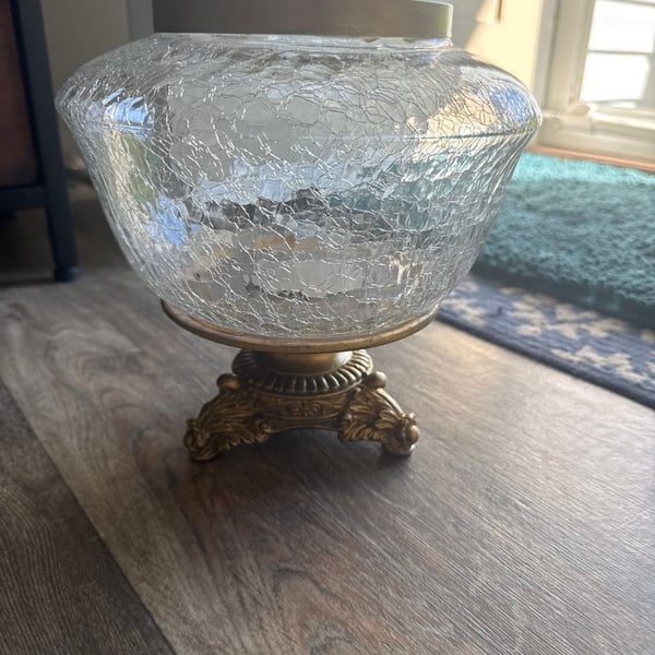 Vintage Hollywood Regency Crackle Glass Pedestal Bowl –Gold Footed Centerpiece

