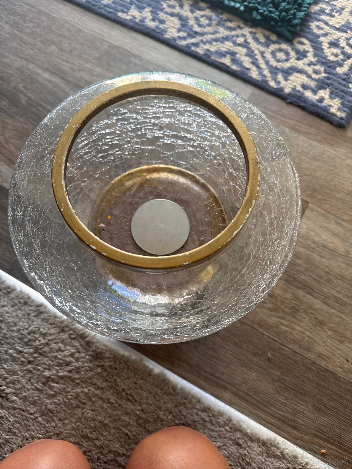 Vintage Hollywood Regency Crackle Glass Pedestal Bowl –Gold Footed Centerpiece
2