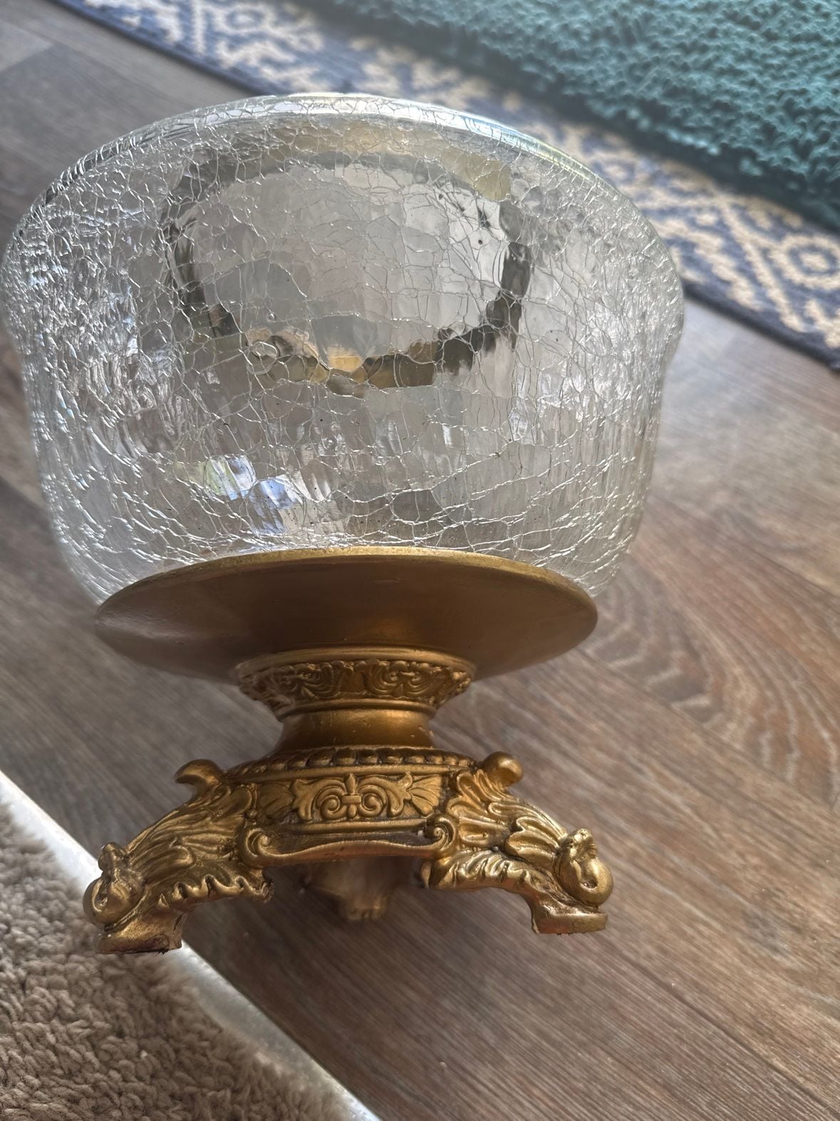 Vintage Hollywood Regency Crackle Glass Pedestal Bowl –Gold Footed Centerpiece
3
