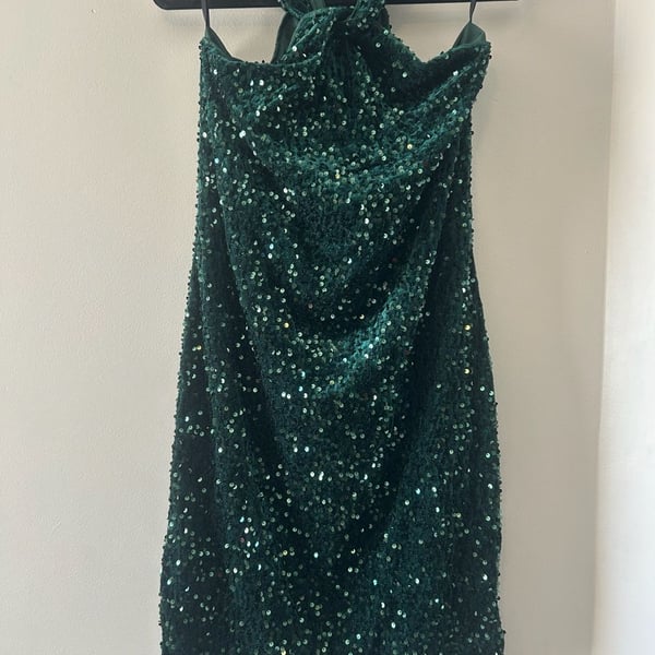 Grace Karin Halter Sequin Velvet Mini Dress Size L Green