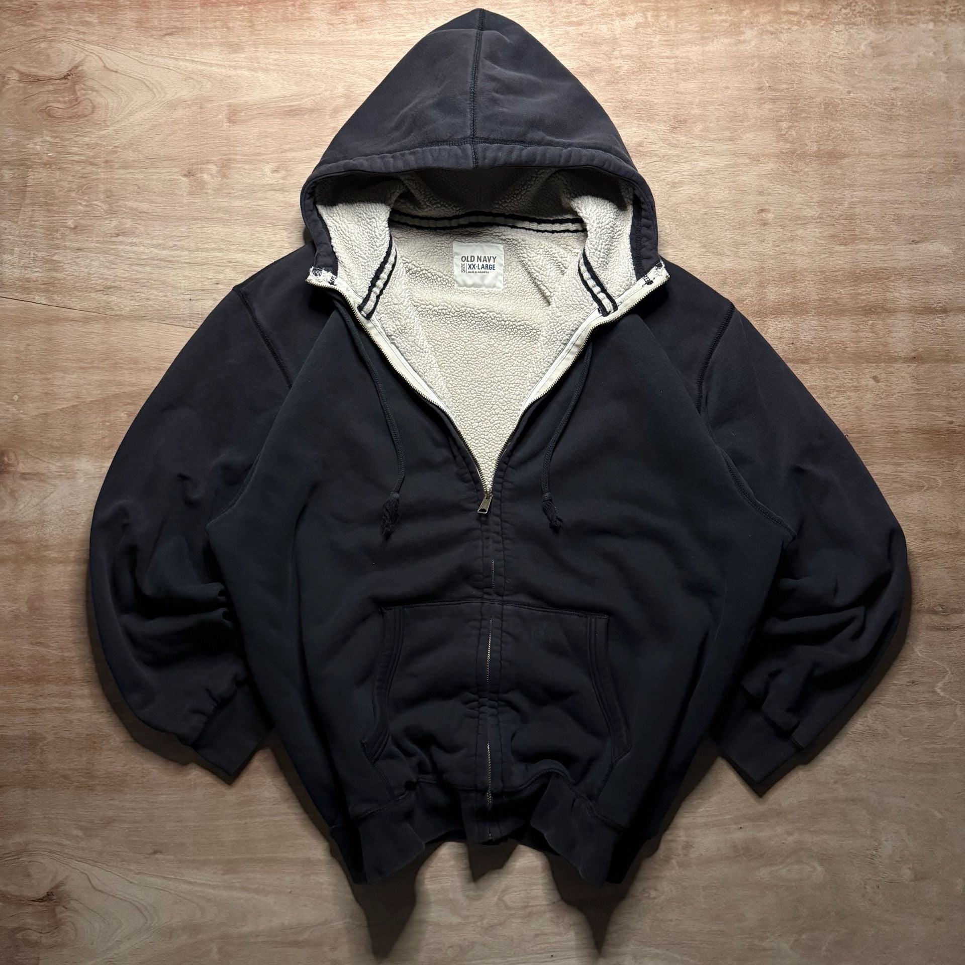 Old Navy XXL Heavyweight Sherpa Lined Zip Hoodie Black Faded Grunge 2