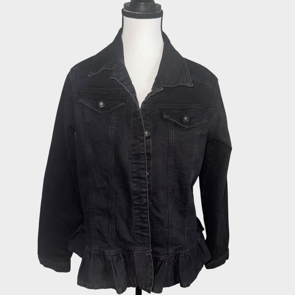 DG2 by Diane Gilman Black Denim Jacket Peplum Ruffle Hem medium 