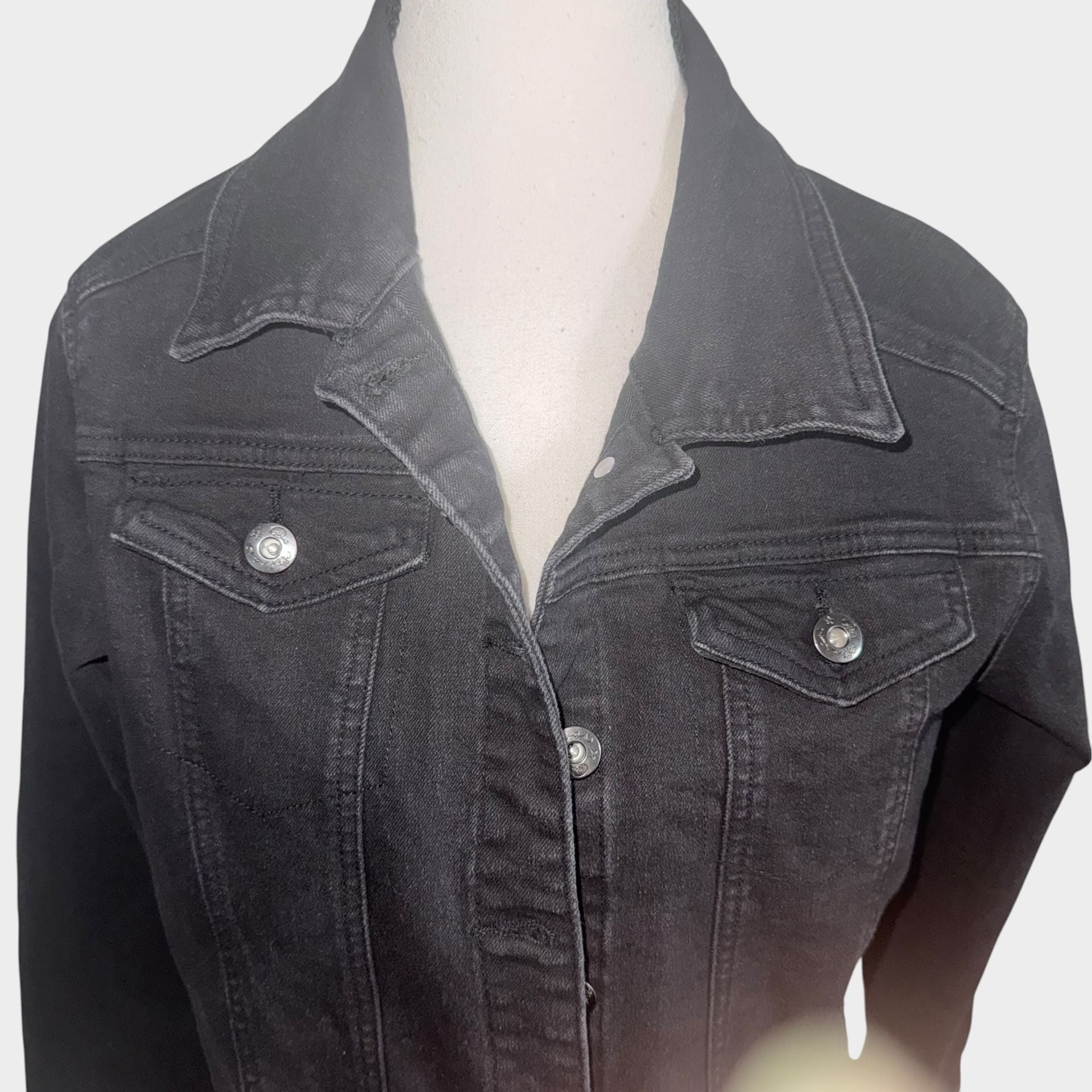 DG2 by Diane Gilman Black Denim Jacket Peplum Ruffle Hem medium 3