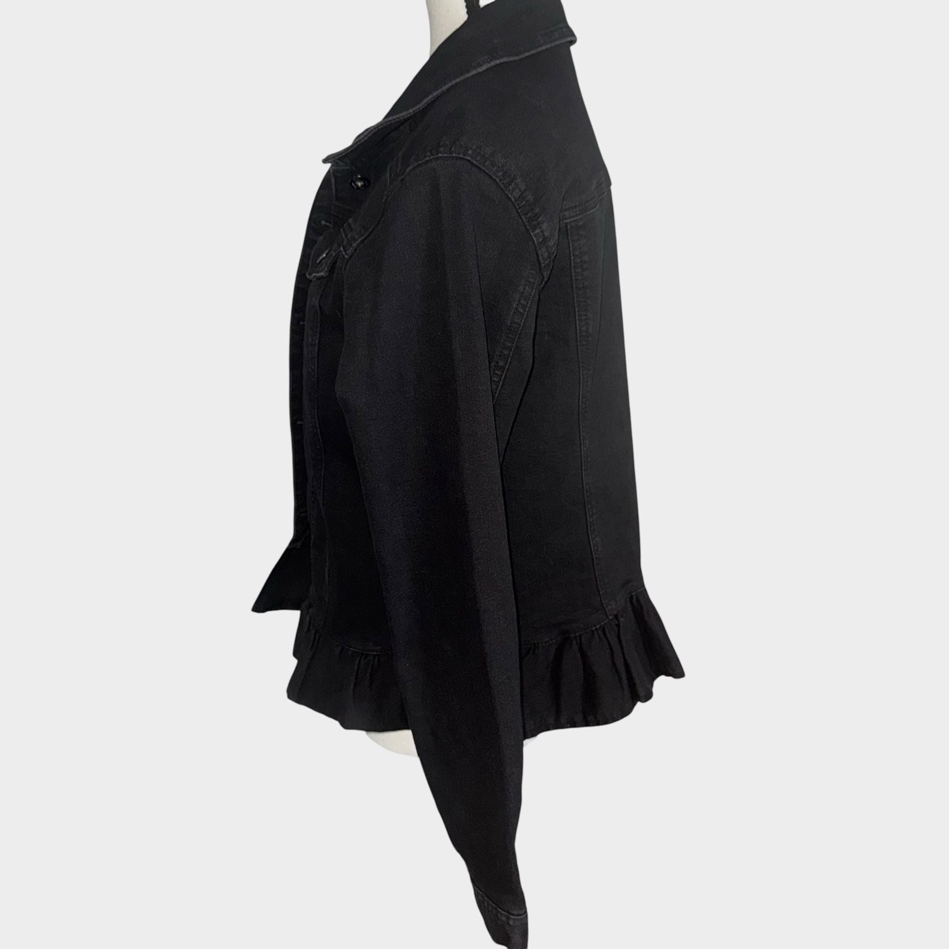 DG2 by Diane Gilman Black Denim Jacket Peplum Ruffle Hem medium 4