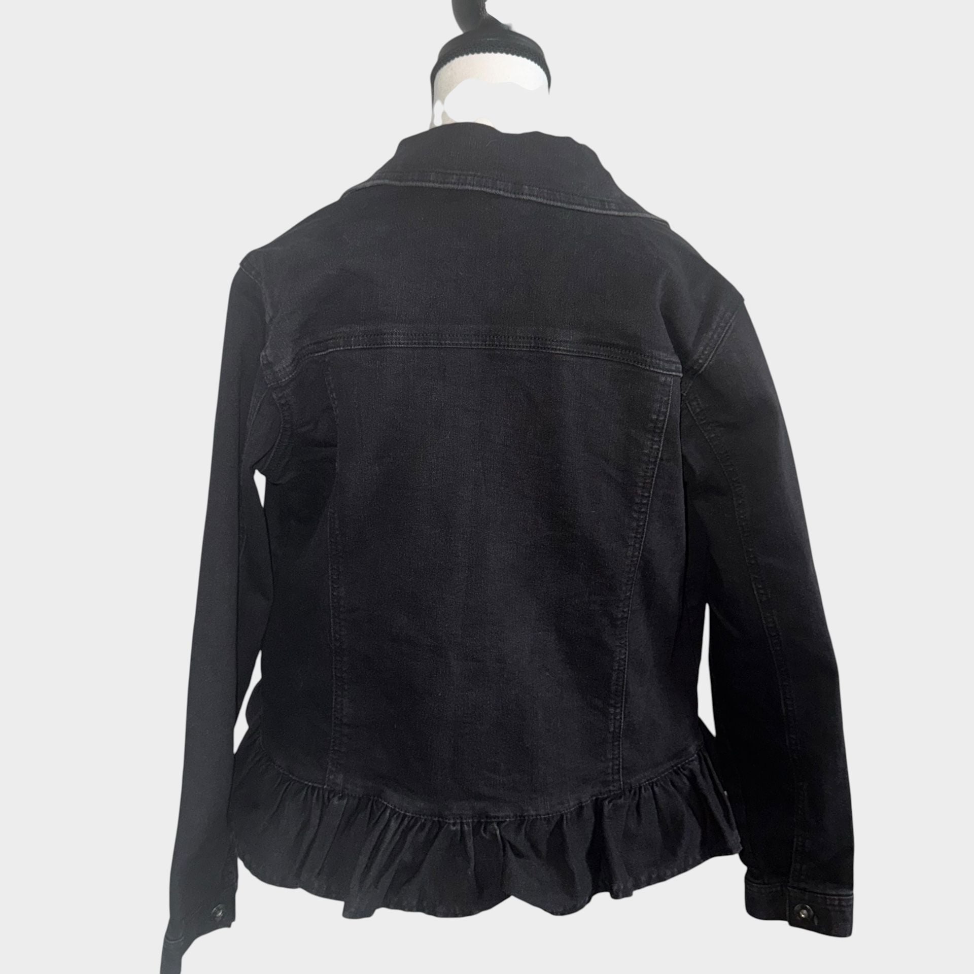 DG2 by Diane Gilman Black Denim Jacket Peplum Ruffle Hem medium 5