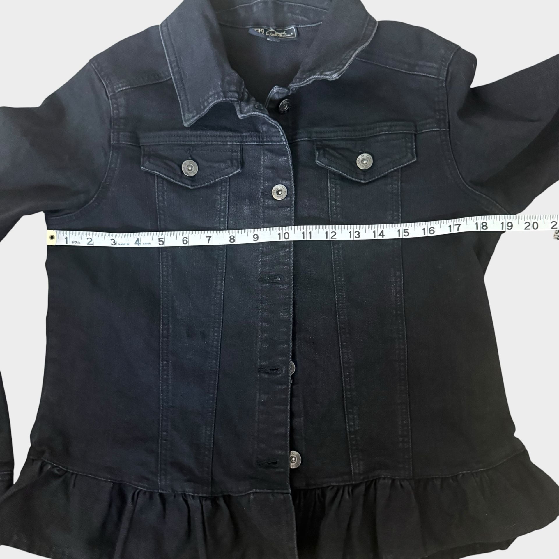 DG2 by Diane Gilman Black Denim Jacket Peplum Ruffle Hem medium 6