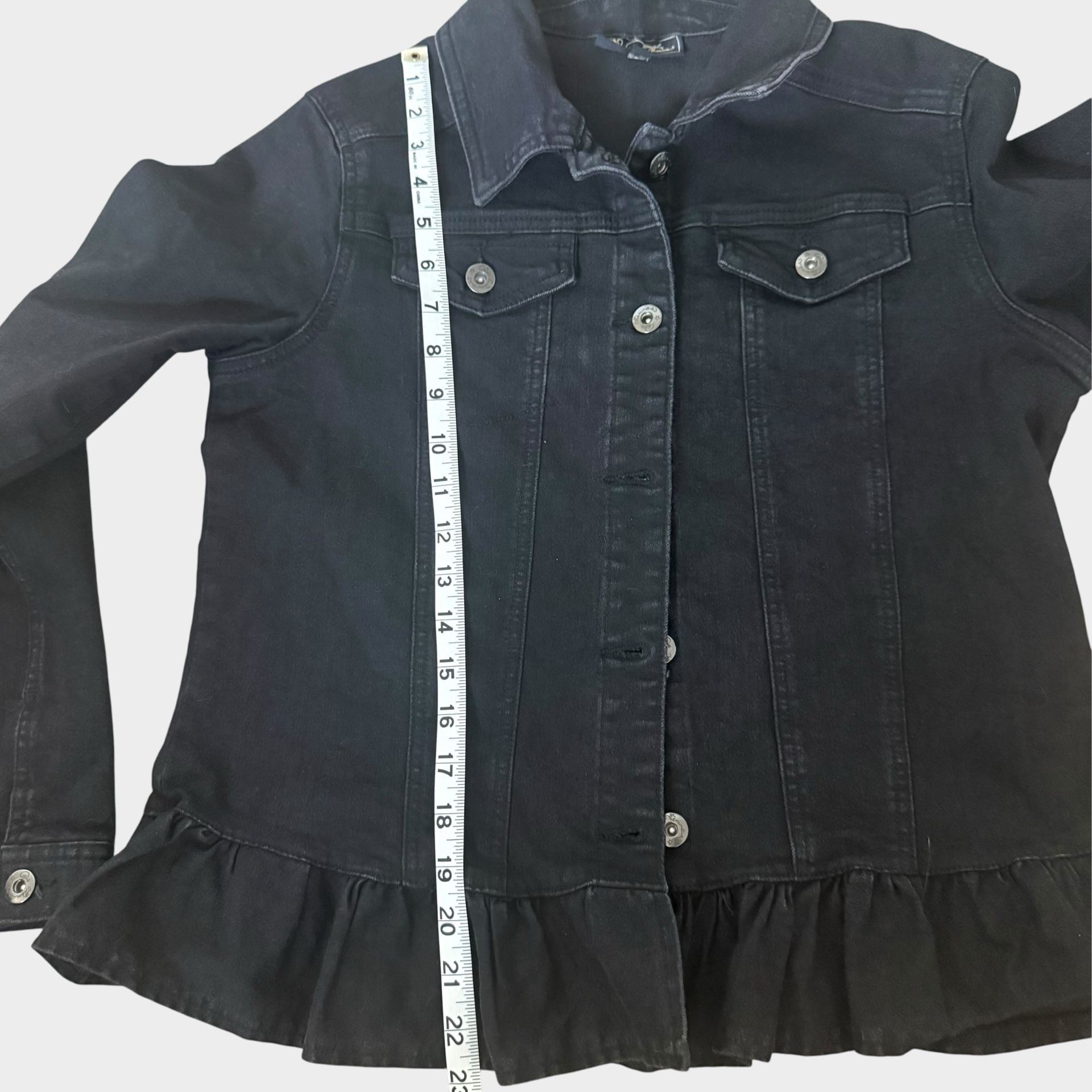 DG2 by Diane Gilman Black Denim Jacket Peplum Ruffle Hem medium 7