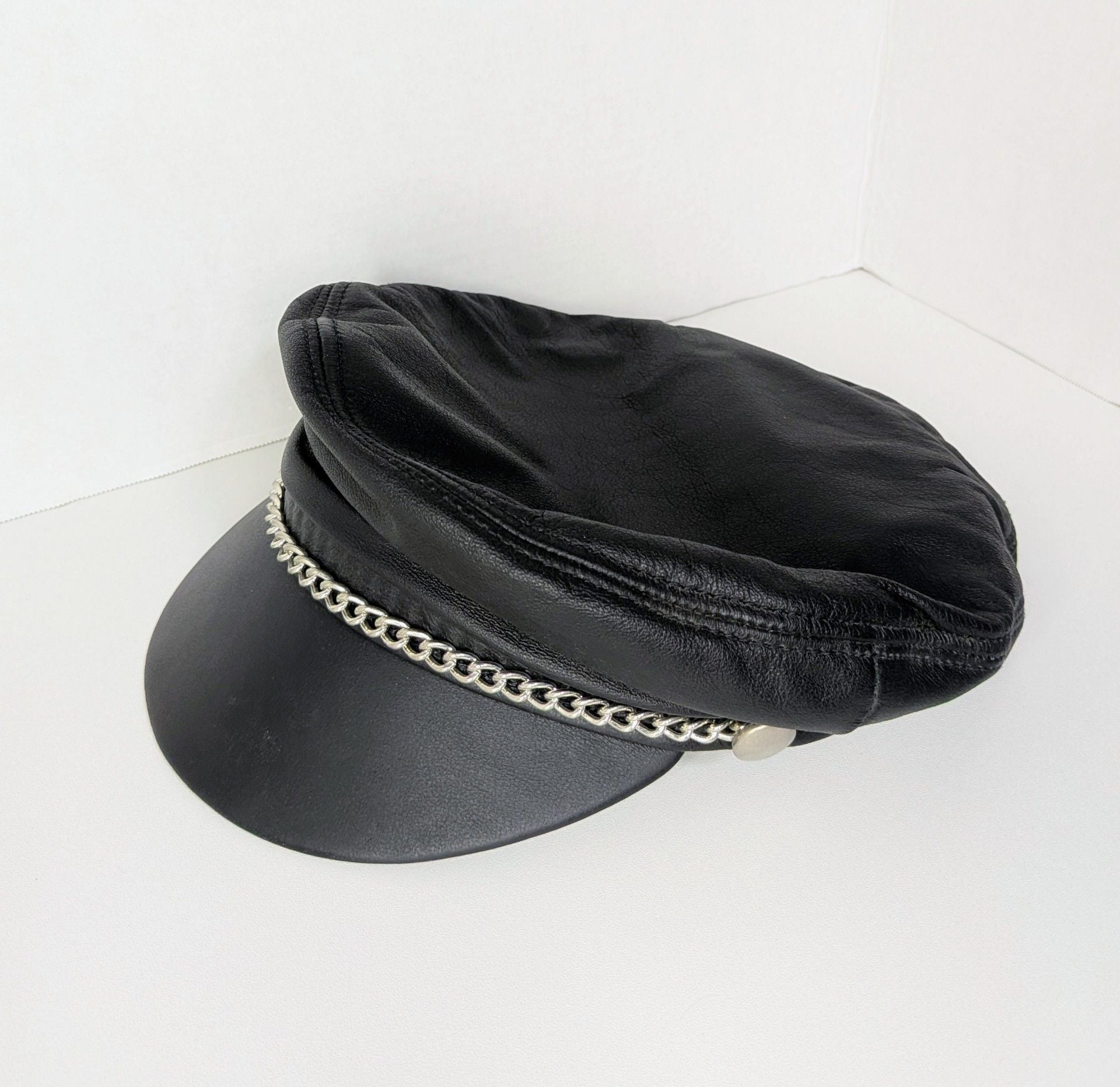 Vtg Henschel Black Leather Biker Cap Silver Chain Fiddler Greek Fisherman Hat S 2