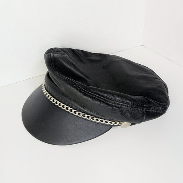 Vtg Henschel Black Leather Biker Cap Silver Chain Fiddler Greek Fisherman Hat S