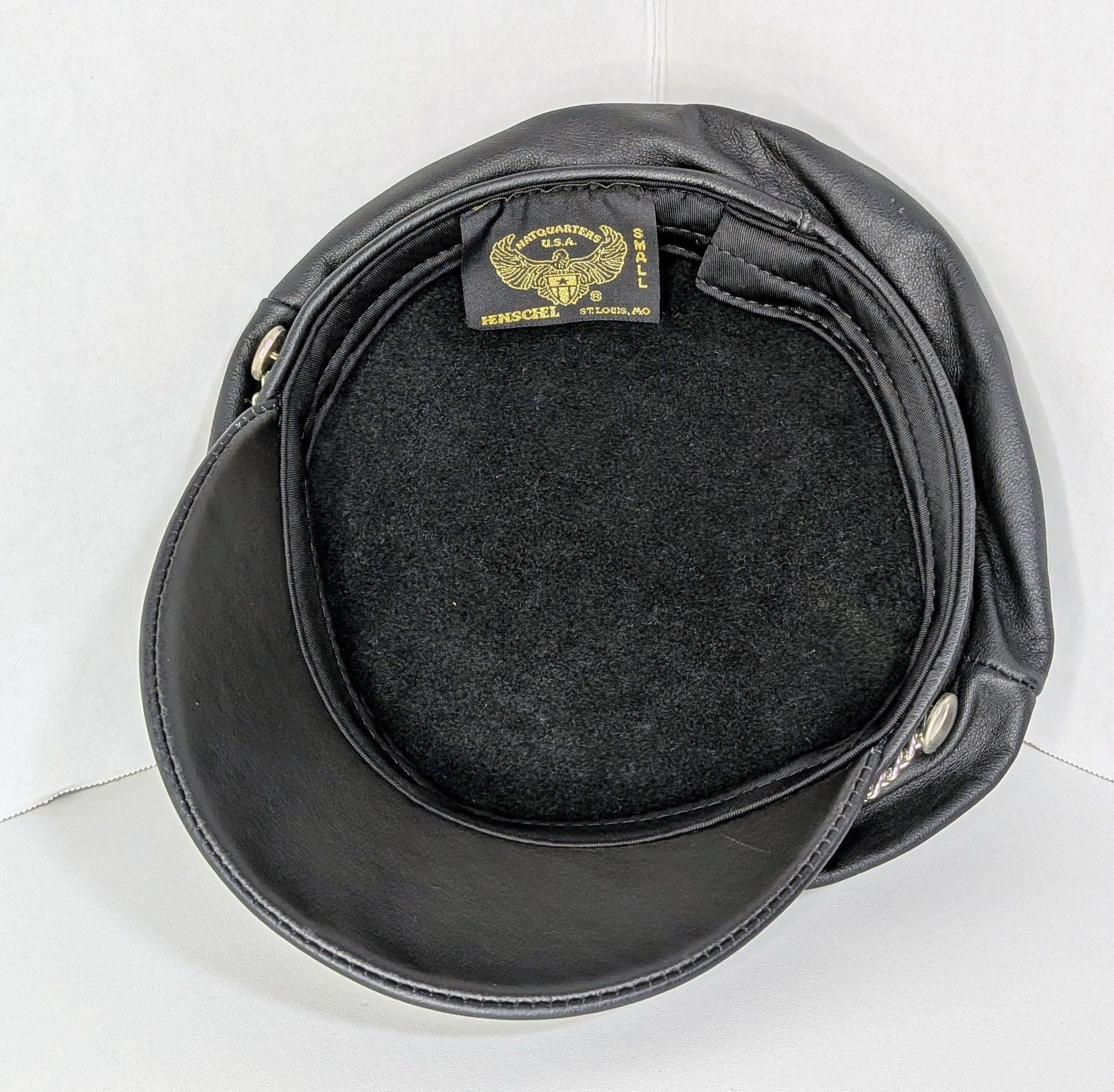 Vtg Henschel Black Leather Biker Cap Silver Chain Fiddler Greek Fisherman Hat S 3