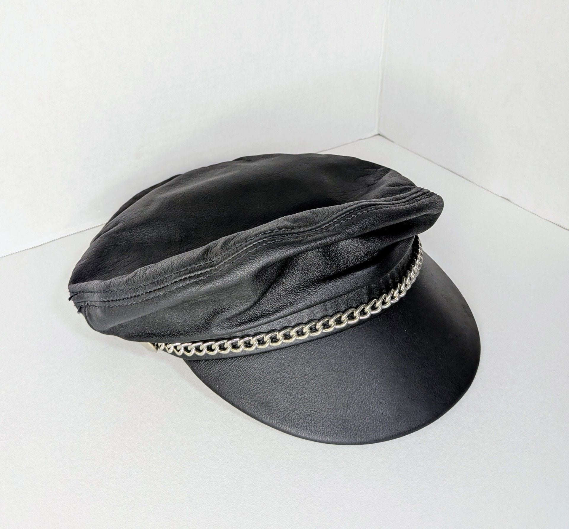Vtg Henschel Black Leather Biker Cap Silver Chain Fiddler Greek Fisherman Hat S 5