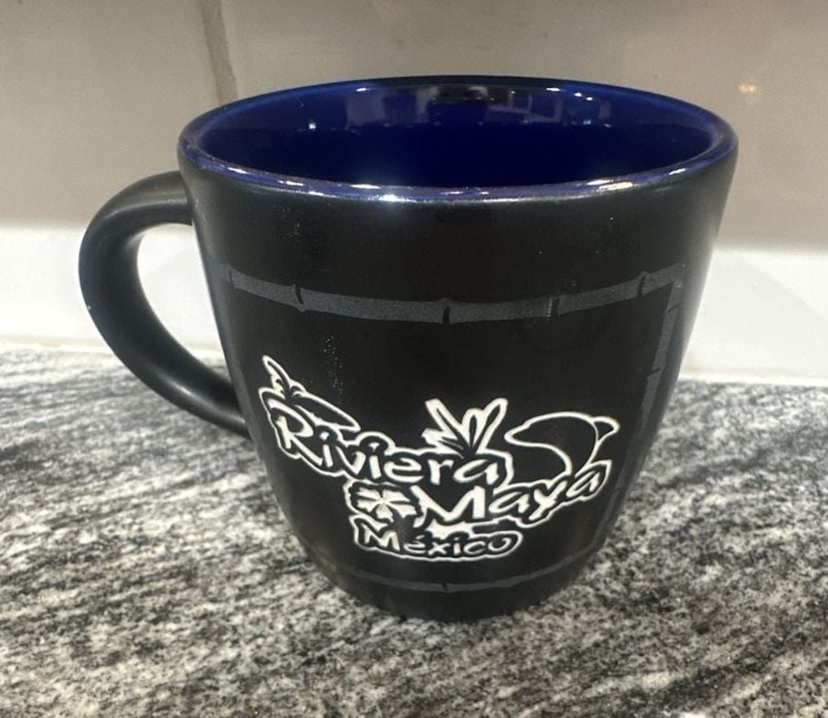 Souvenir Riviera Maya Mexico Coffee Mug Black Blue Monstera Leaves 5