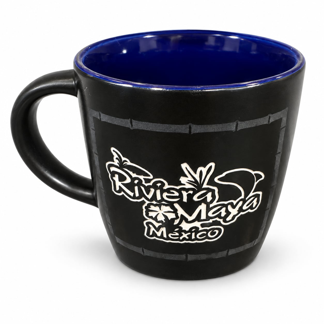 Souvenir Riviera Maya Mexico Coffee Mug Black Blue Monstera Leaves 1