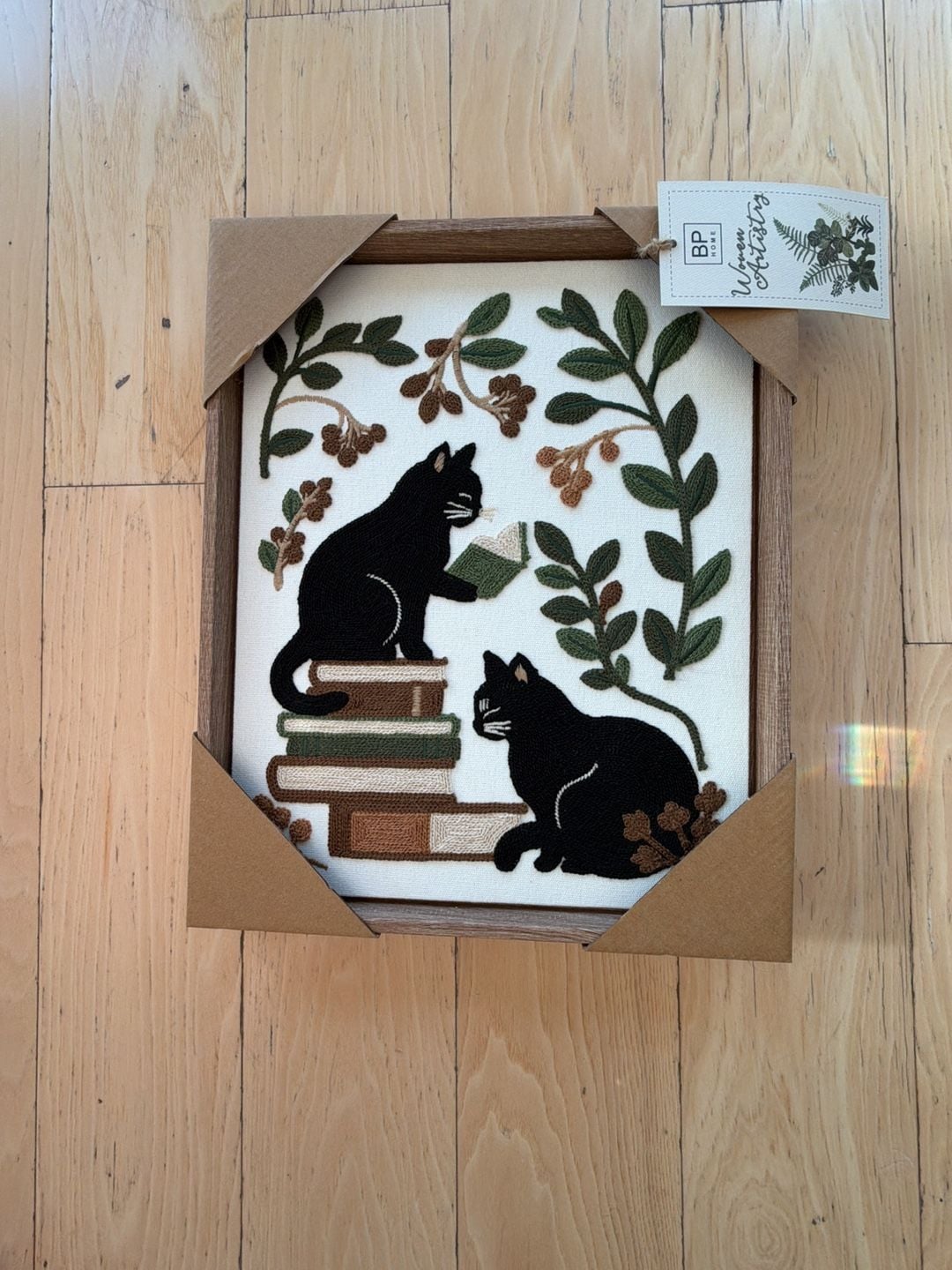 BP Home Framed Embroidered Wall Art Black Cats Reading Books 1