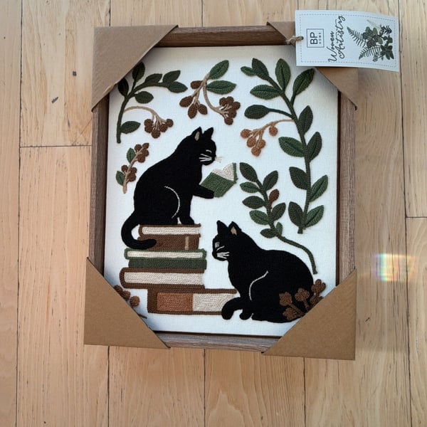 BP Home Framed Embroidered Wall Art Black Cats Reading Books