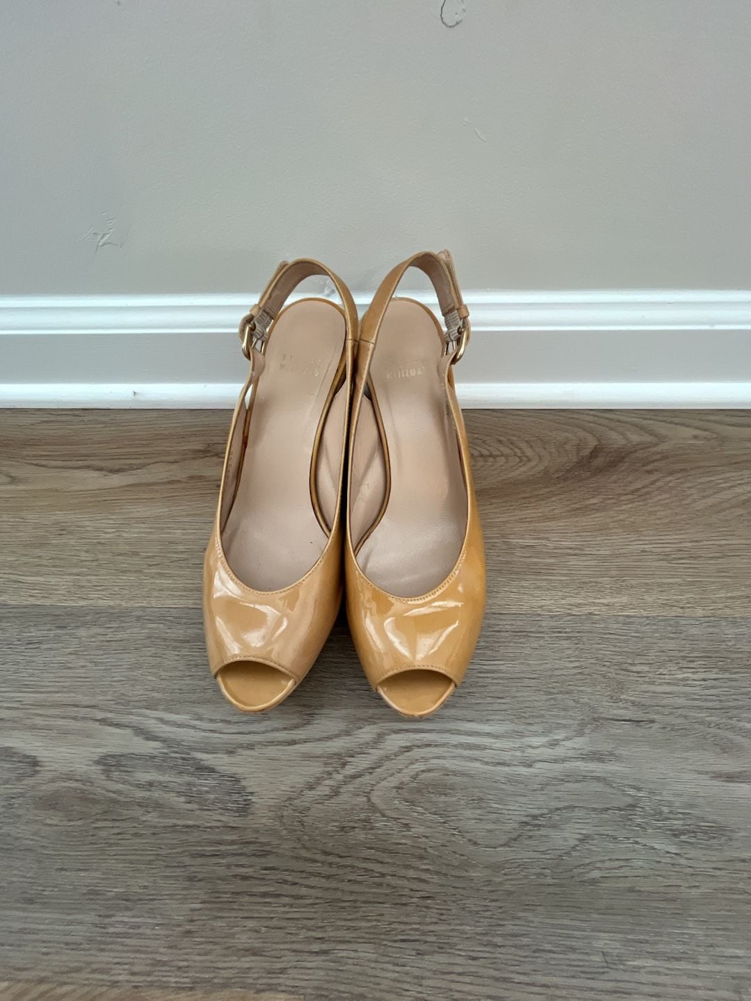 Stuart Weitzman Jean Wedge Sandals Beige Patent Leather Peep Toe Slingback 3