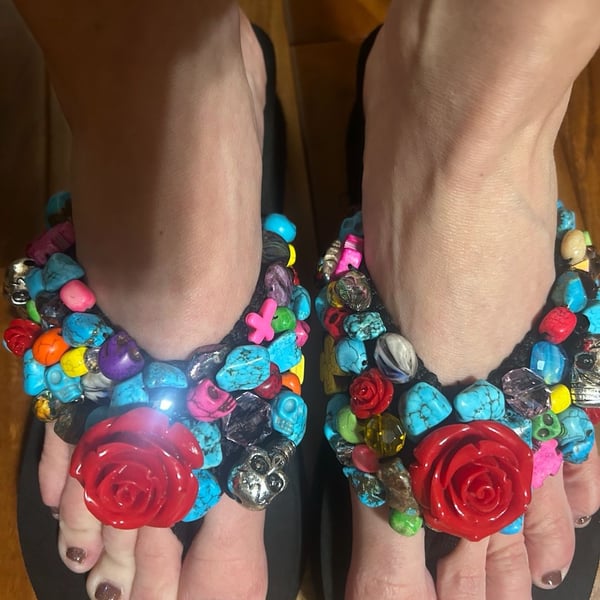 Nomad Beaded Platform Sandals Black Red Rose Skulls