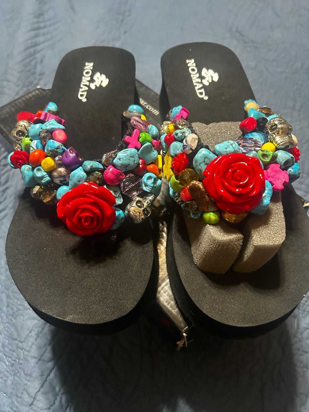 Nomad Beaded Platform Sandals Black Red Rose Skulls 7