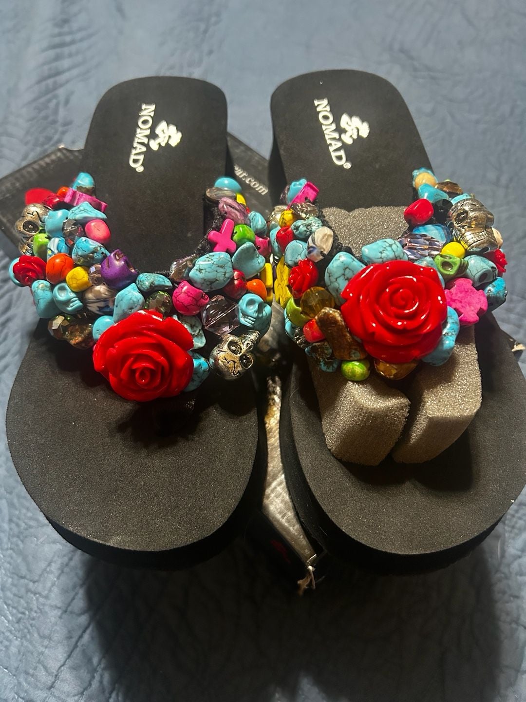 Nomad Beaded Platform Sandals Black Red Rose Skulls 8