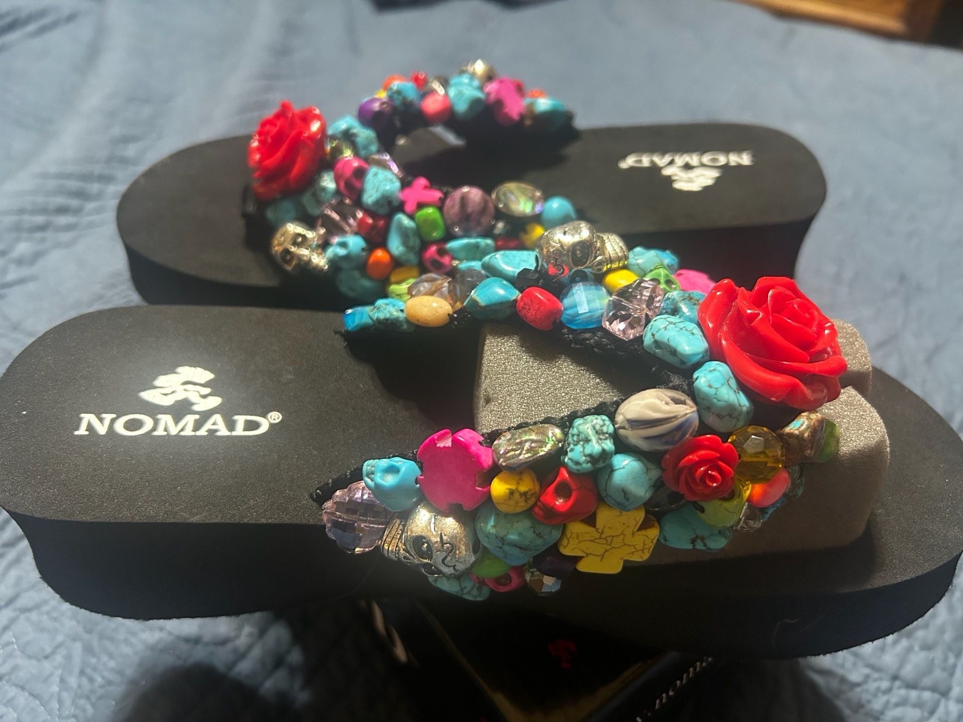Nomad Beaded Platform Sandals Black Red Rose Skulls 9