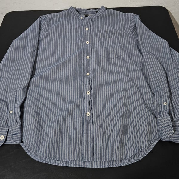 Todd Snyder Striped Band Collar Shirt Size L Blue Long Sleeve Button Up