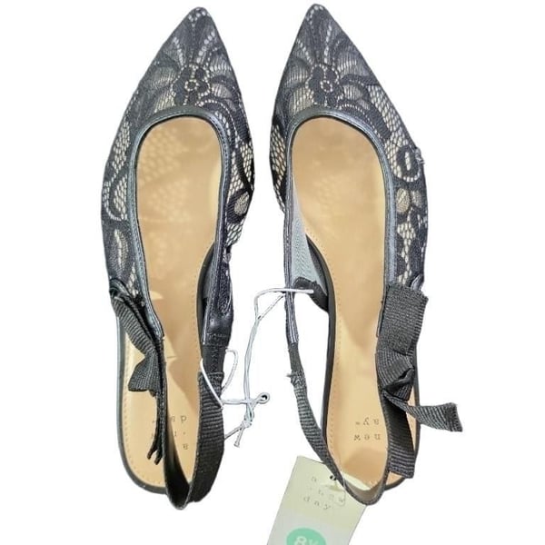 A New Day London Black Lace Slingback Flats Bow Pointed Toe Mesh US 8.5