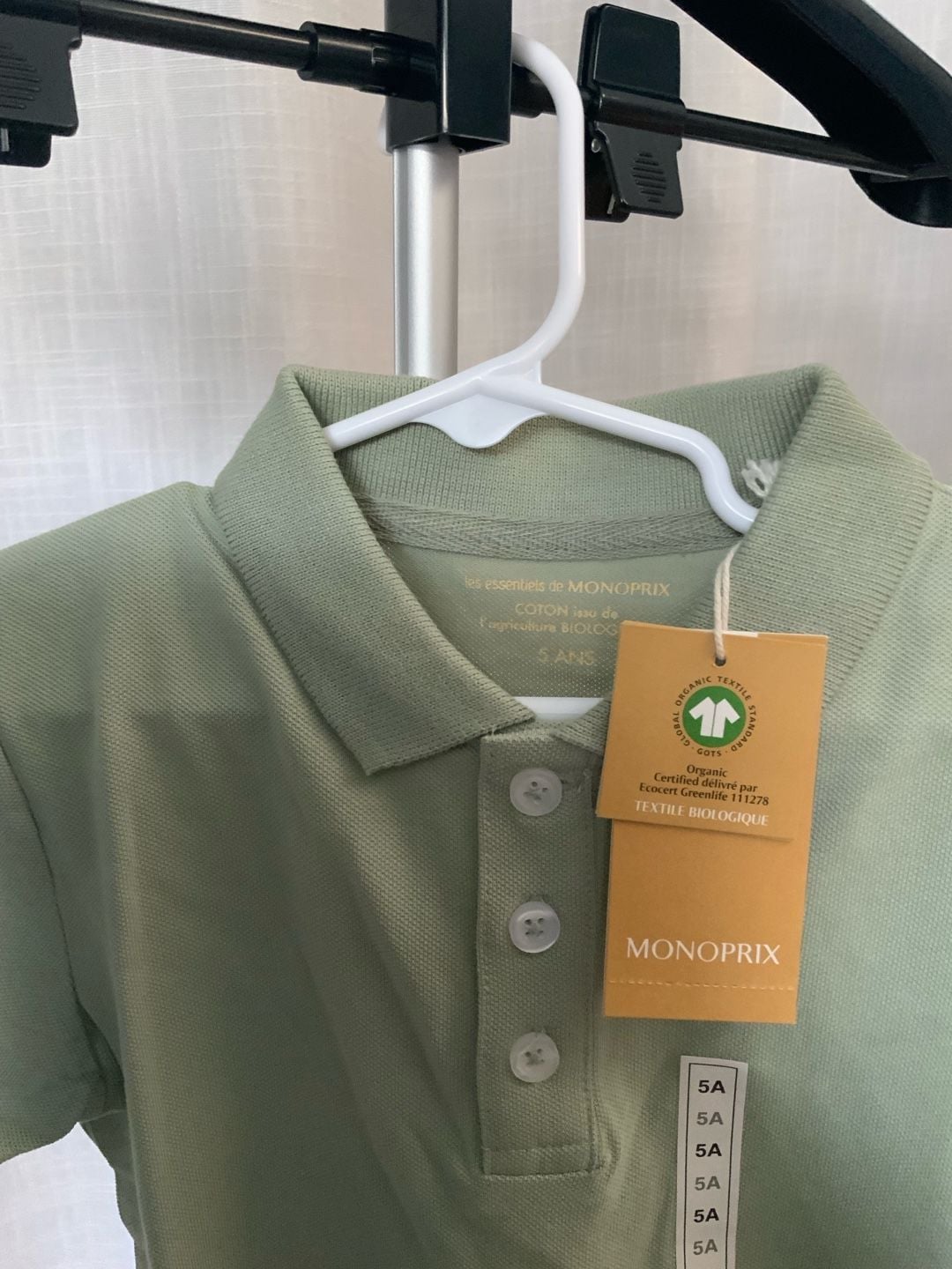 Monoprix Polo Shirt Boys Size 5ANS Sage Green Organic Cotton 3
