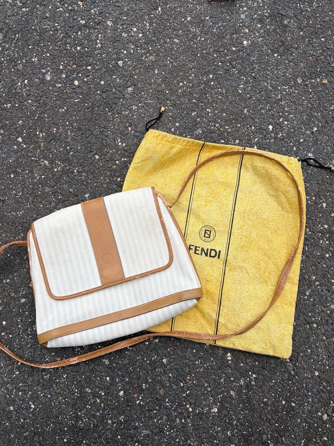 Fendi Striped Canvas Crossbody Bag White Brown Vintage 1