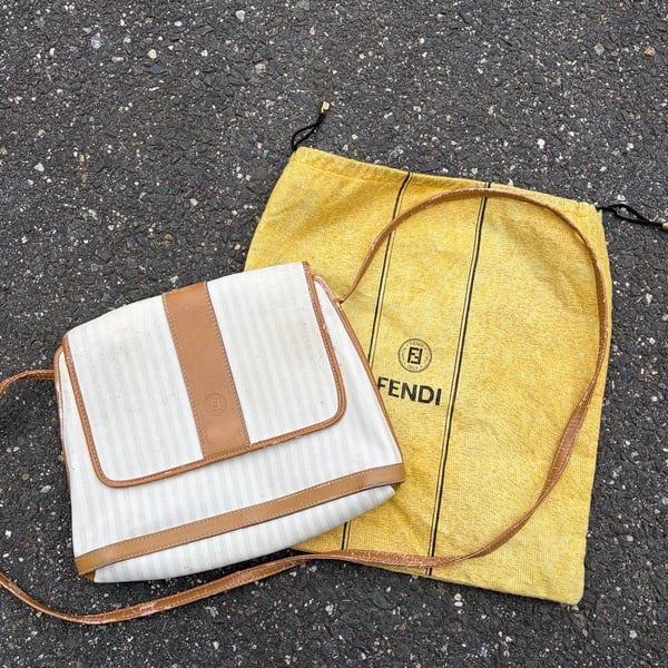 Fendi Striped Canvas Crossbody Bag White Brown Vintage
