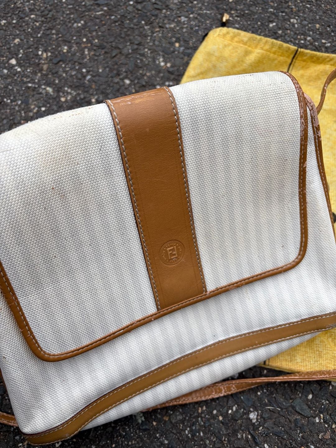 Fendi Striped Canvas Crossbody Bag White Brown Vintage 2