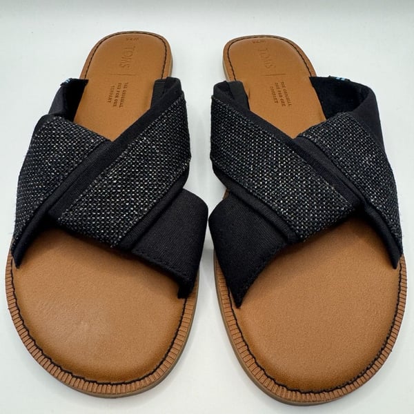 New Toms Viviana Slide Sandals Size 7.5 Black Foil Woven