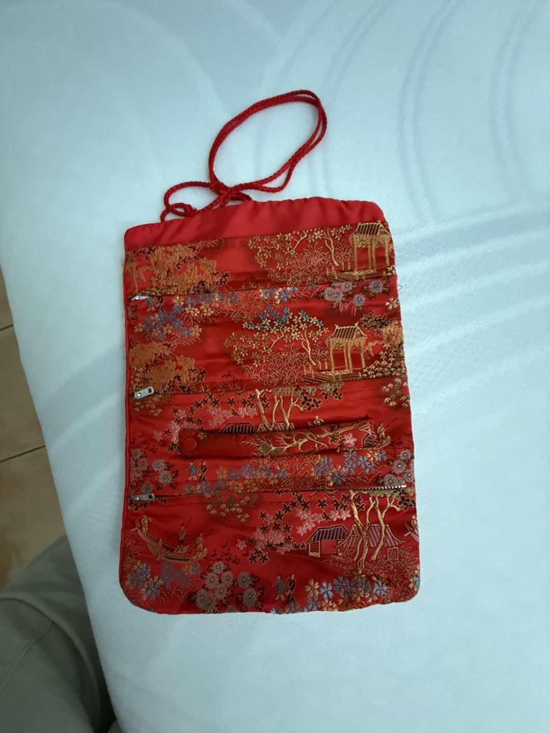 Asian Brocade Travel Jewelry Roll Bag Red Gold 2