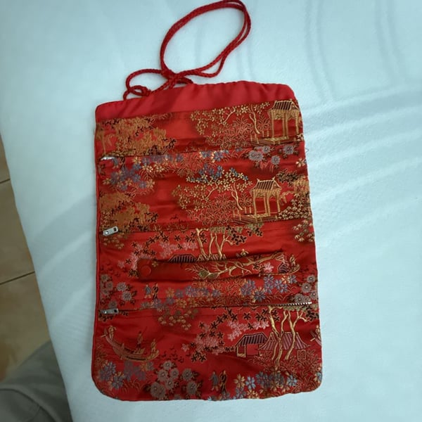 Asian Brocade Travel Jewelry Roll Bag Red Gold
