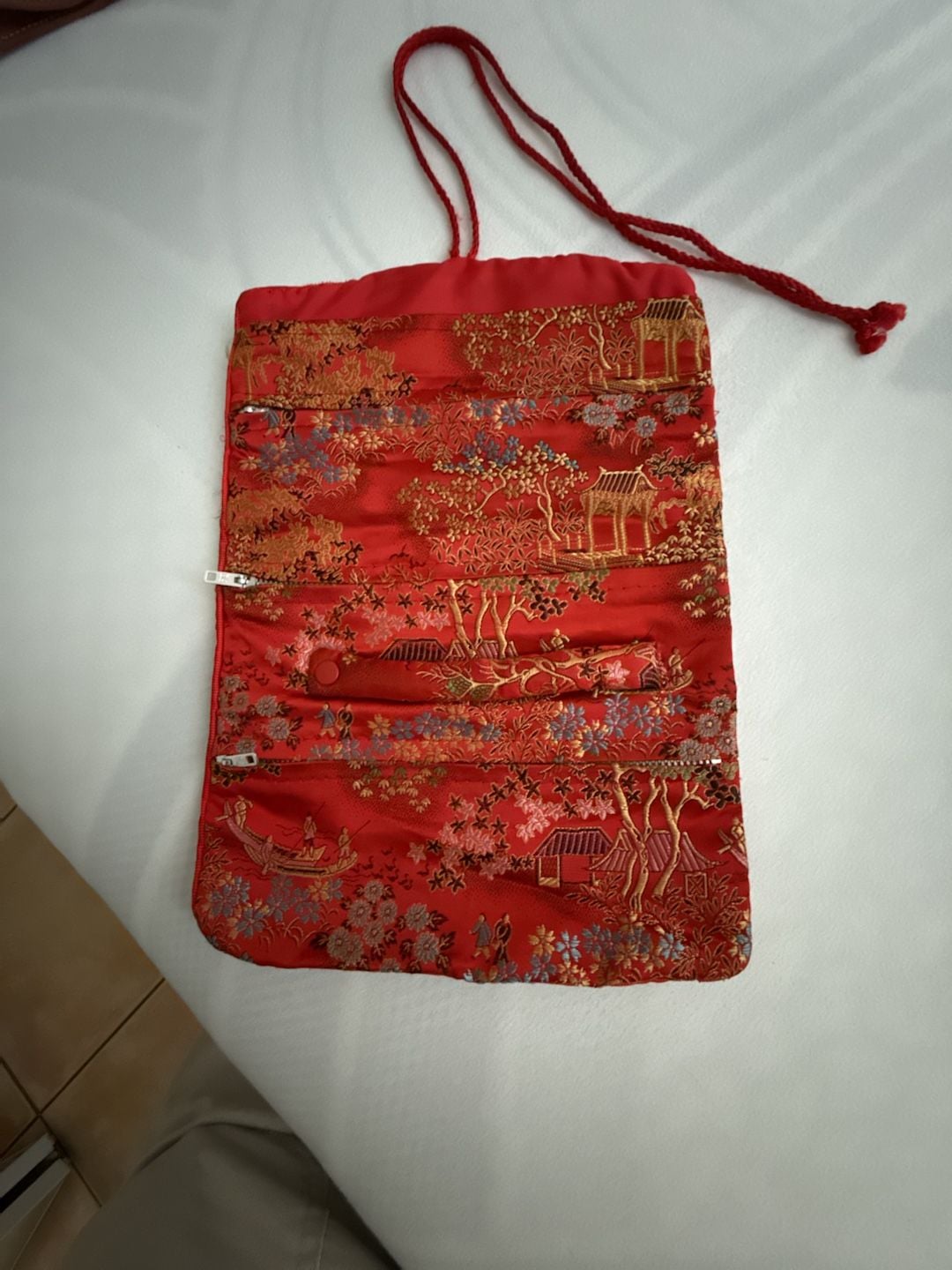 Asian Brocade Travel Jewelry Roll Bag Red Gold 4