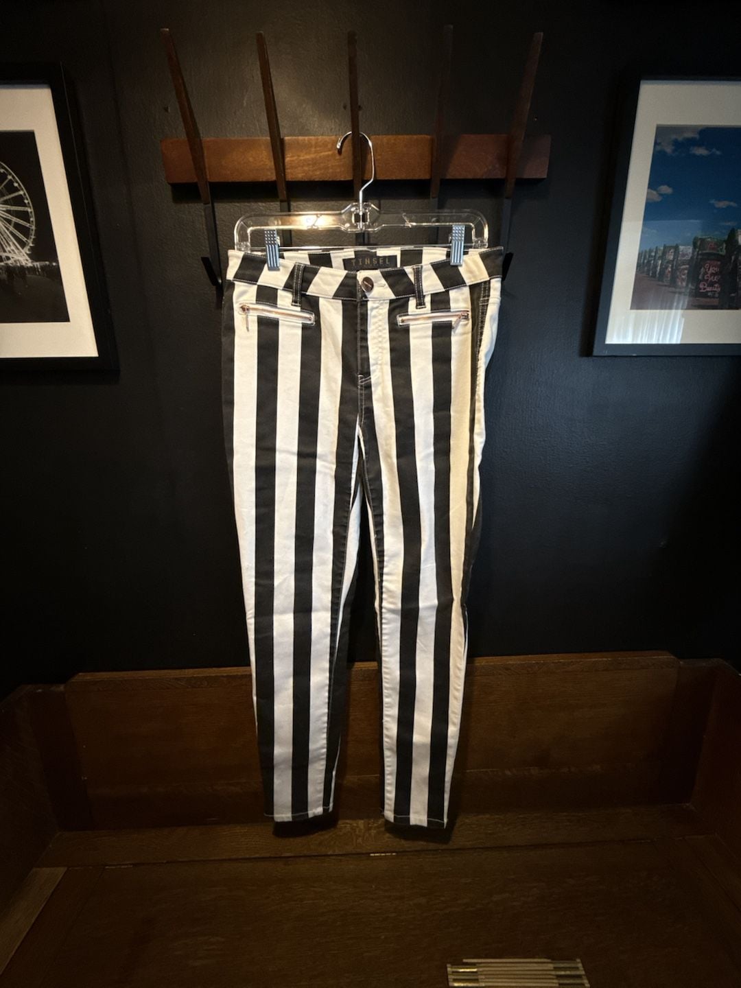 Tinsel Striped Denim Pants Black White 2