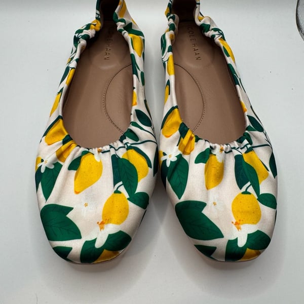 Cole Haan York Soft Ballet Flats Lemon Print Rosewater Satin 8.5