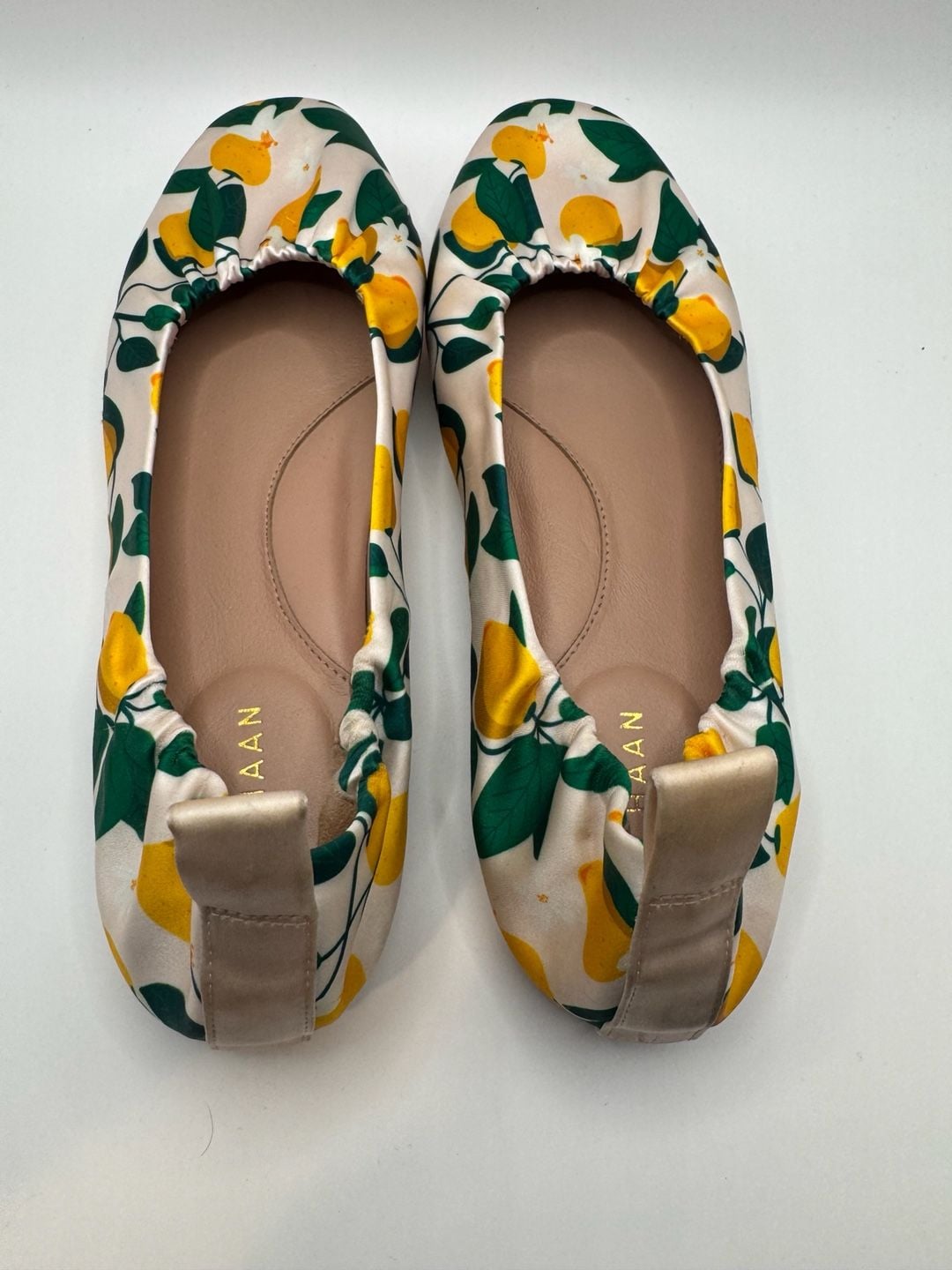 Cole Haan York Soft Ballet Flats Lemon Print Rosewater Satin 8.5 7
